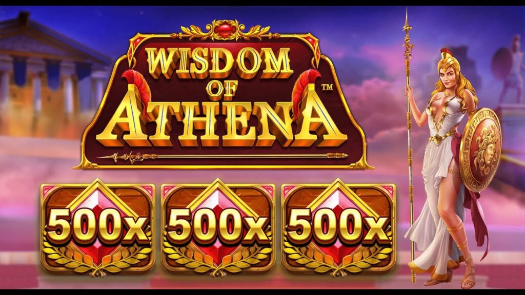 A dynamic image of the Wisdom of Athena slot game, showcasing Athena as the Wild symbol and vibrant Greek-themed icons like shields and owls on the reels.

